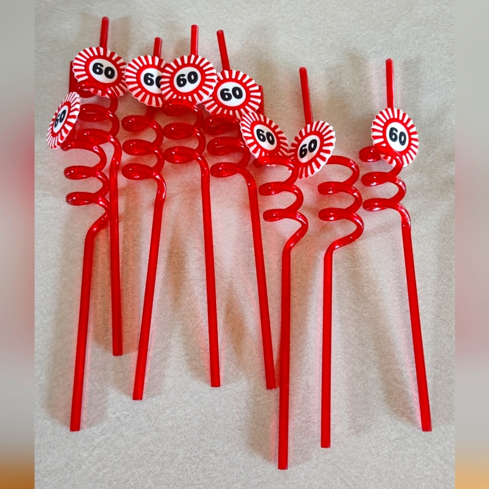 Red Spiral Party Straws (8) And Glasses 60th Birthday NWOT